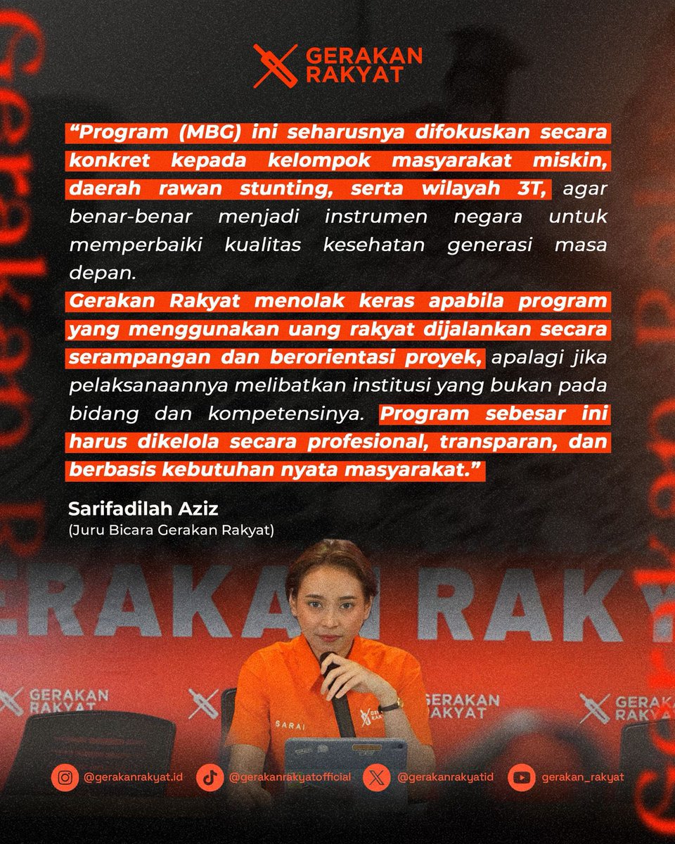 gerakanrakyatid's tweet image. Pemerintah perlu segera evaluasi secara menyeluruh. Masalah utama ada pada ketidaktepatan sasaran. Pemetaan wilayah belum optimal. Distribusi masih banyak terserap di kota besar, padahal daerah 3T dan kantong kemiskinan justru paling membutuhkan intervensi gizi.

#mbg