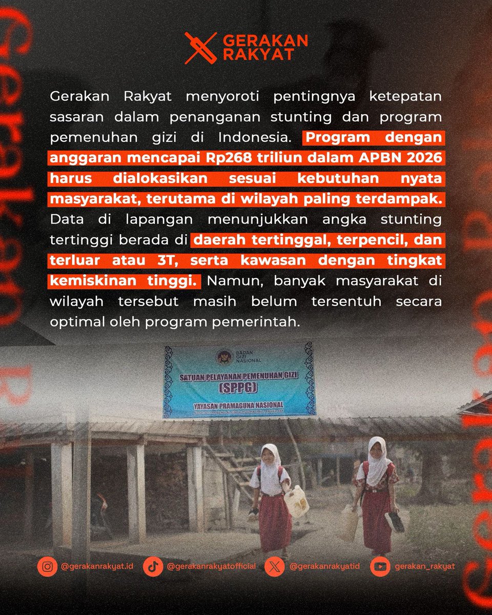 gerakanrakyatid's tweet image. Pemerintah perlu segera evaluasi secara menyeluruh. Masalah utama ada pada ketidaktepatan sasaran. Pemetaan wilayah belum optimal. Distribusi masih banyak terserap di kota besar, padahal daerah 3T dan kantong kemiskinan justru paling membutuhkan intervensi gizi.

#mbg