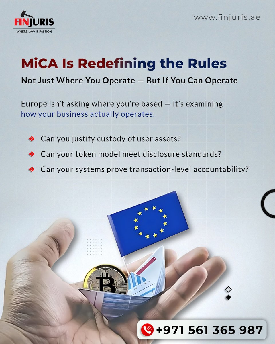 finjuris's tweet image. MiCA Is Redefining the Rules — Not Just Where You Operate, But If You Can Operate
• Asset custody — justified?
• Token model — compliant?
• Systems — accountable?

#MiCA #CryptoRegulation #EURegulation