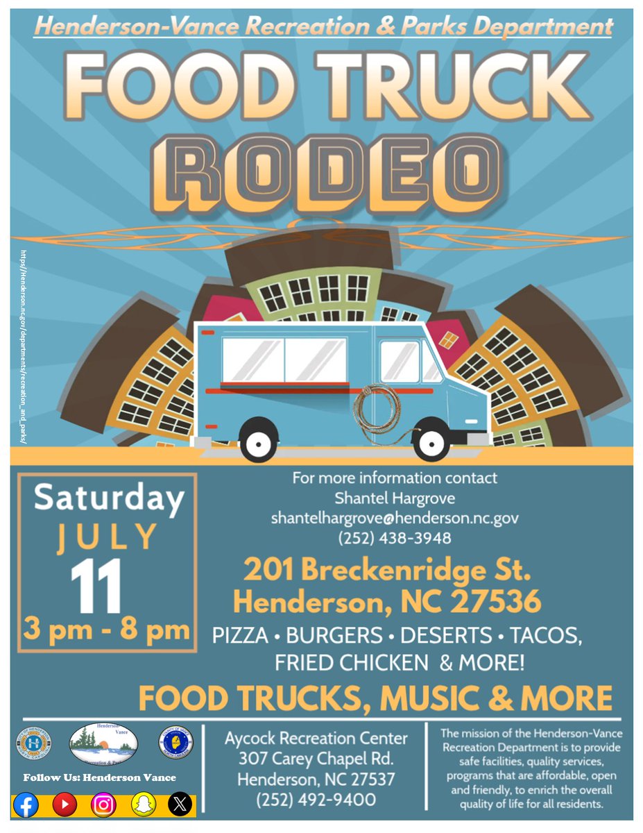 HendersonVance1's tweet photo. Come and join us at the Food Truck Rodeo this Summer on Henderson's Breckenridge St! Try out as many as different food trucks as you can manage and enjoy music and community! 🍔🍟

For those interested in showcasing their food at this event, applications are due Wednesday, July 1 https://t.co/FbDuiMm2Vq