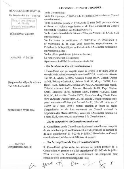 finalapatriote's tweet image. CNRM : le Conseil constitutionnel censure partiellement la loi
Saisi par des députés de la coalition Takku Wallu Sénégal, le CC a déclaré inconstitutionnels plusieurs articles de la loi n° 07-2026 portant création du CNRM, adoptée le 3 mars par les députés. Autre revers de APR🤣