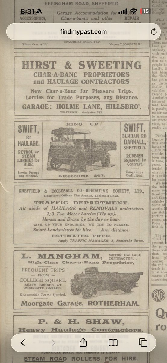 SnackSaloon's tweet photo. Some great haulage and motor tour advertisements from the Sheffield Independent - 29 July 1920 #Sheffield #SheffieldHistory https://t.co/ahuNHuz3X9