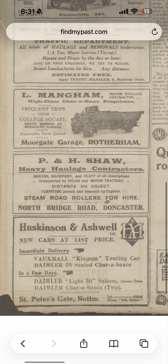 SnackSaloon's tweet photo. Some great haulage and motor tour advertisements from the Sheffield Independent - 29 July 1920 #Sheffield #SheffieldHistory https://t.co/ahuNHuz3X9