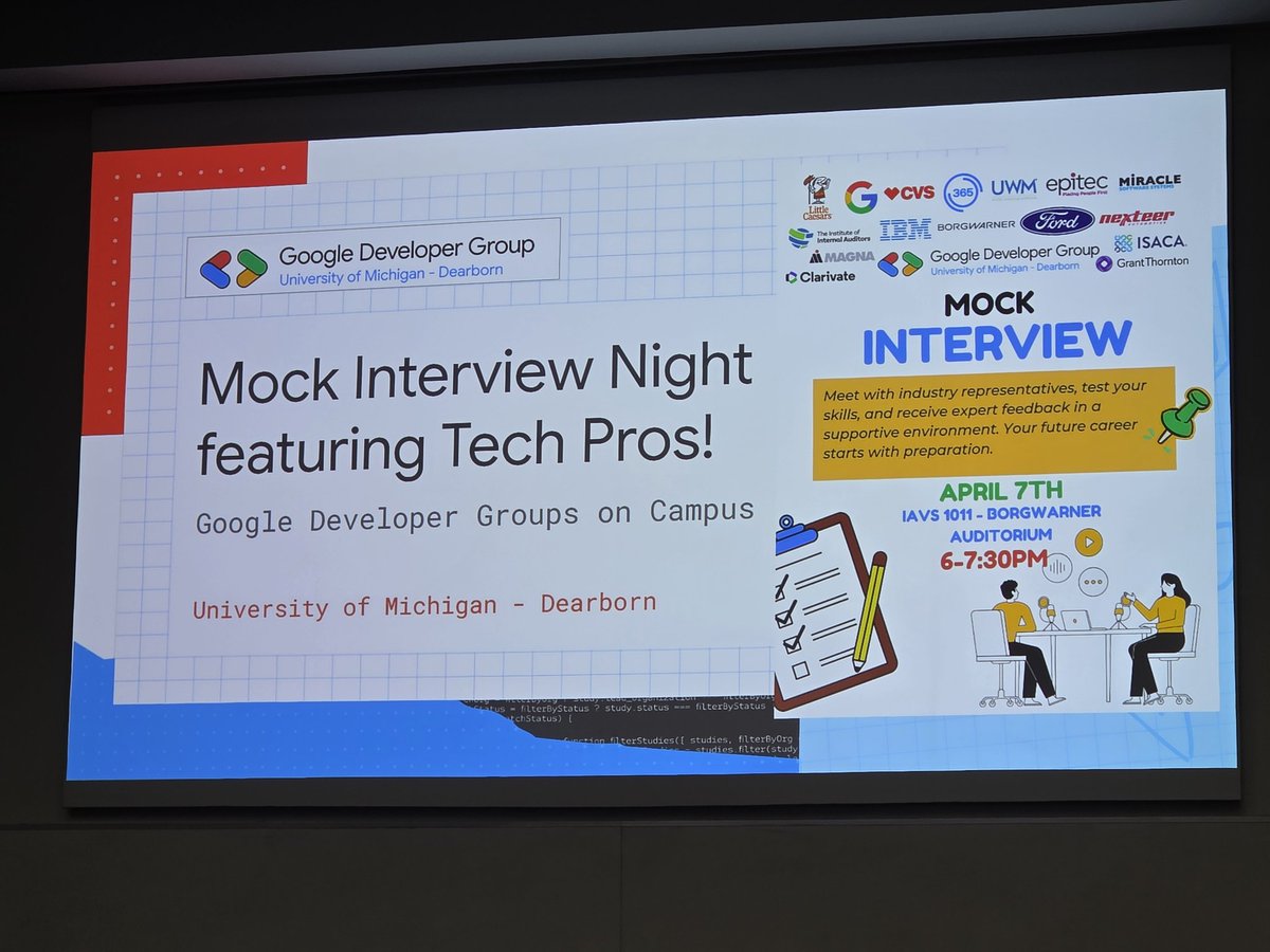 Mock interviews are one of the single best ways for students to build confidence. That’s why I was so happy to support the Google Developer Group at the U of M-Dearborn for their Mock Interview Night.

#TechCareers #UMD #UMichD #UMDearborn  #UniversityOfMichigan  #mentor #coach