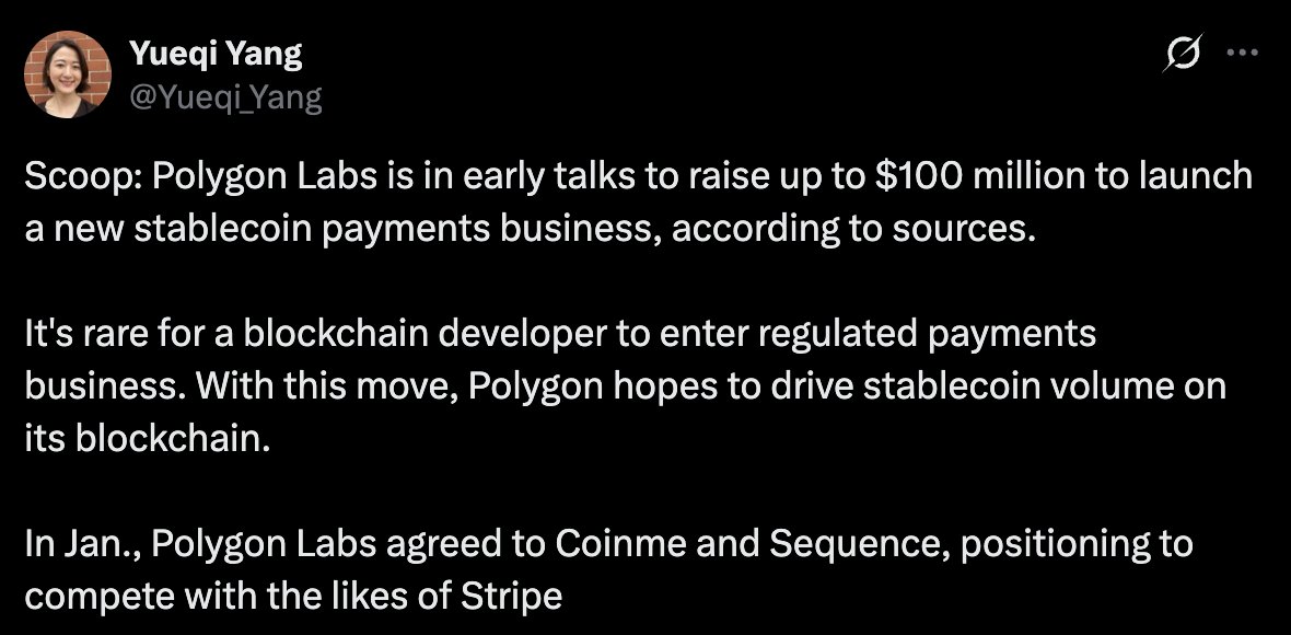 WuBlockchain's tweet image. Polygon Targets $100M for Stablecoin Payments

Polygon Labs is in early talks to raise up to $100 million to launch a stablecoin payments business aimed at boosting on-chain volume; the move marks a rare entry by a blockchain developer into regulated payments; in January, Polygon