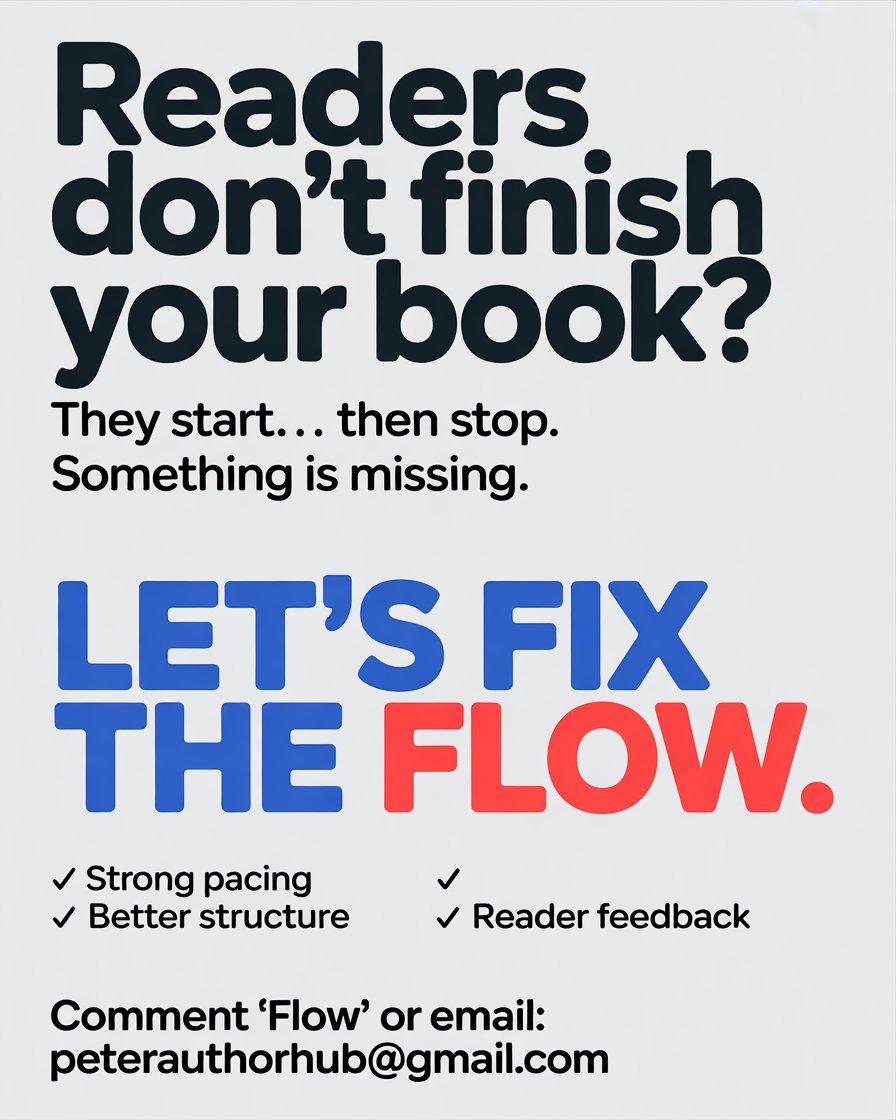 peterkdpmastery's tweet photo. If readers stop reading, there’s a reason.

Fix the flow, keep them hooked.

Comment FLOW
or email peterauthorhub@gmail.com

#writingtips #bookediting #peterauthorhub https://t.co/dtUtzPV5HL