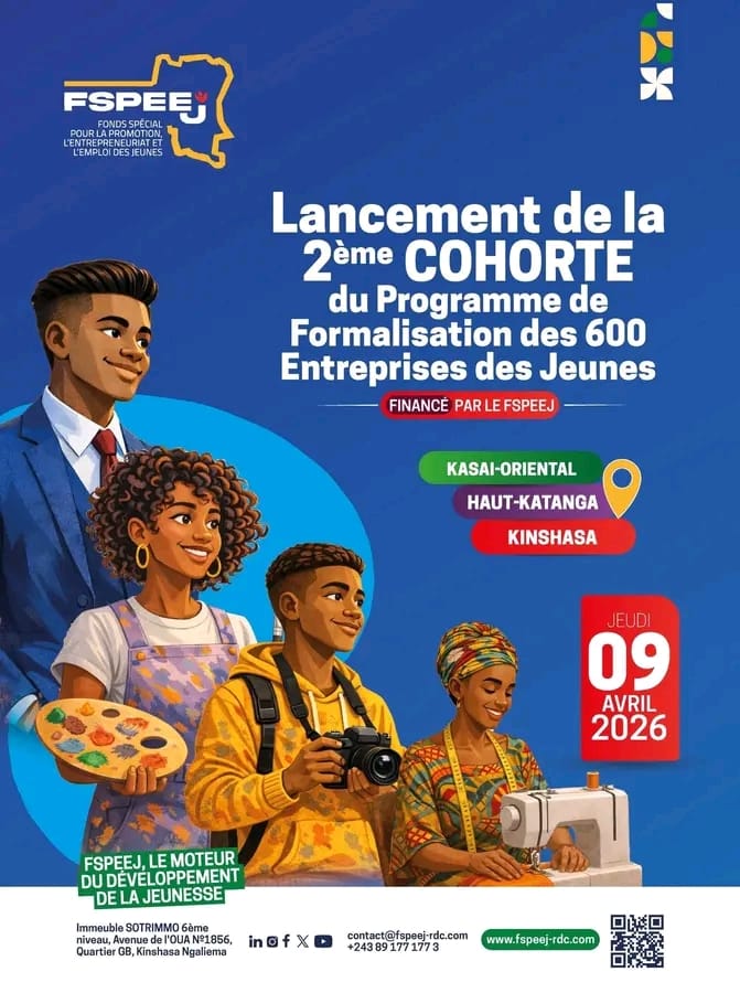 CnjRDC's tweet photo. Le Bureau CNJ-RDC informe la jeunesse que le #FSPEEJ lance la 2ᵉ cohorte pour formaliser gratuitement 600 entreprises de jeunes !
Haut-Katanga, Kinshasa et Kasaï-Oriental. Prépare ta pièce d’identité + photo (JPEG). Inscription 100% en ligne dès le 9 avril 2026. Ne payez rien ! https://t.co/ogITIqdWKv