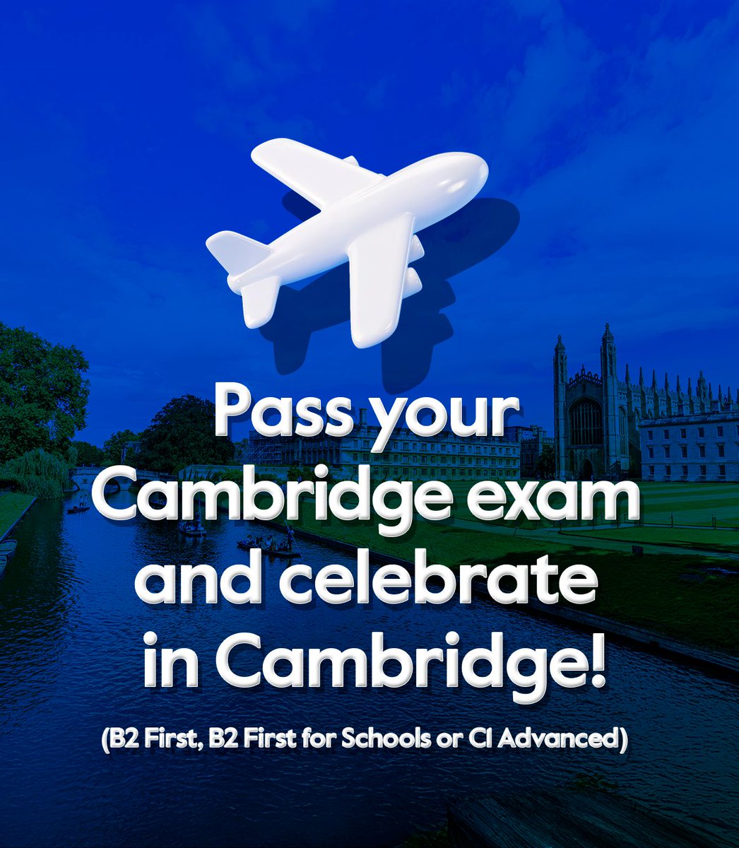 ExamsCatalunya's tweet photo. 🎉Celebrate in Cambridge is back!🎉

Win an unforgettable 4‑day trip to Cambridge✈️🏨🎟️
✅ Open to B2 First, First for Schools &amp; C1 Advanced candidates who pass between 1 Feb–31 Jul
✅ Prep Centres register by 31 July

Don’t miss out! 👉

#CelebrateInCambridge #CambridgeEnglish https://t.co/ZfGK1i8bsE