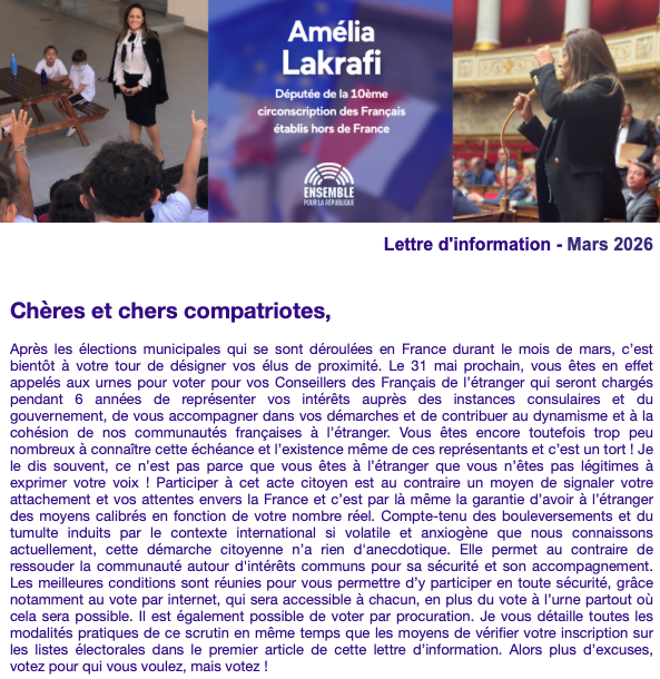 Amelia_LKF's tweet photo. #DirectAN #DirectCirco
📌Dans ma dernière lettre d'information : 
✅Impact de la situation au Moyen-Orient sur nos compatriotes établis sur place : ma question au gouvernement @jnbarrot 
✅Election des Conseillers des Français de l'étranger du 22 au 27 mai par internet ; le 31 mai à l'urne 
✅Retour sur la dernière session de l'Assemblée des Français de l'étranger du mandat 
✅Ouvrir grand les portes du temple de la démocratie : accueil de classes à @AssembleeNat @YaelBRAUNPIVET 

L'intégralité de ma lettre d'information ⤵️
https://t.co/TBAZvdqAVJ