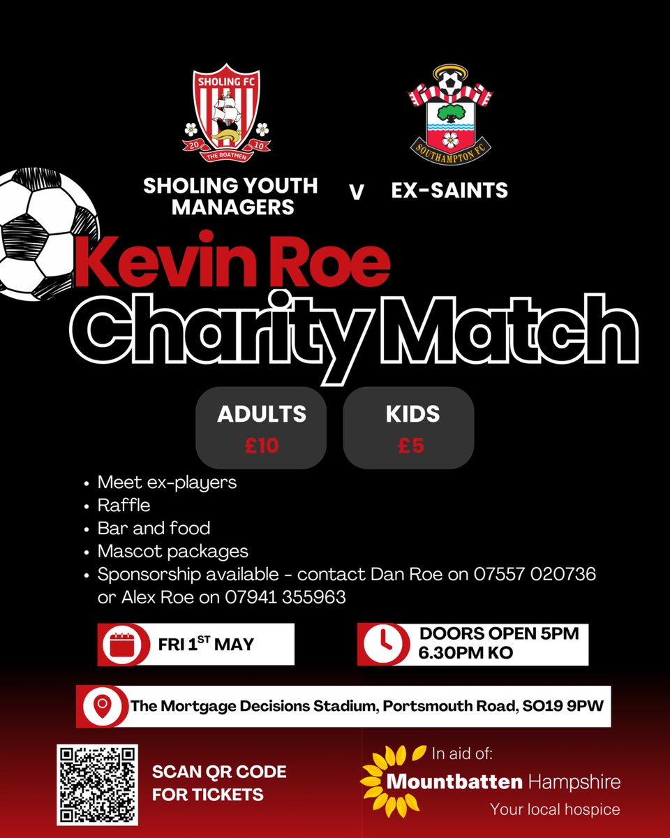 Quick reminder to grab your tickets and join us as we host a very special charity football match at Sholing FC, in memory of Kevin Roe, and in support of the incredible care provided by Mountbatten Hospice.

📅 1st May 2026
📍 Sholing FC
🕔 Gates open: 5:00 PM | ⚽ Kick-off: 6:30