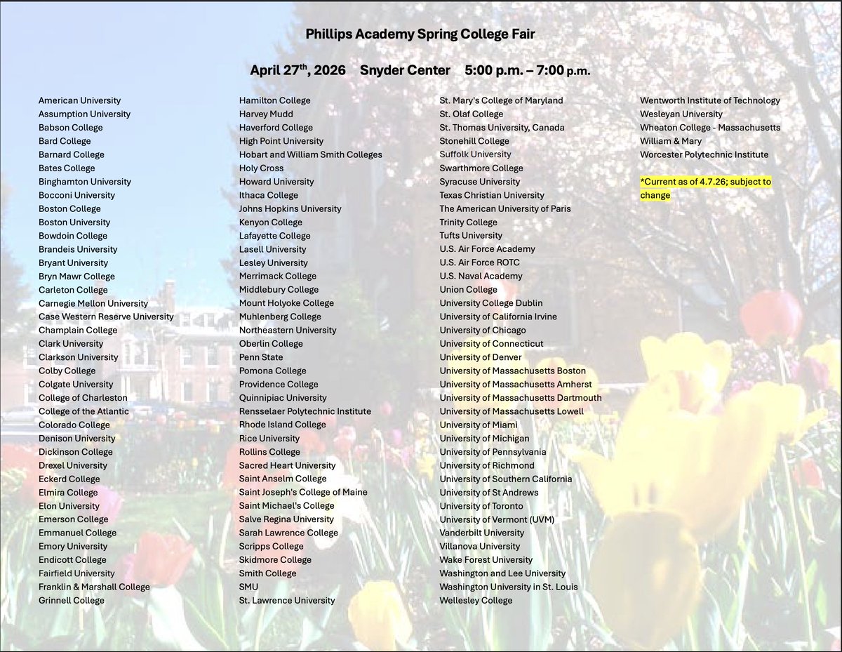 NAHSCounsel's tweet photo. College Fair at Phillips Academy on Monday, April 27th! https://t.co/5LfSZNx71q