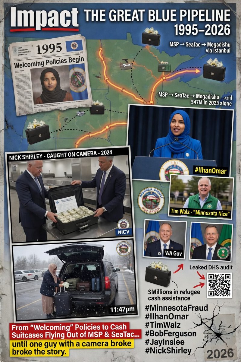 TurnSeattleRed's tweet image. 🚨 #WashingtonState #Minnesota 1995-2026
Here's a clear, chronological timeline connecting @IlhanMN's arrival &amp;amp; marriages, Washington &amp;amp; Minnesota refugee policies, TSA cash flows at @IflySeaTac &amp;amp; @mspairport and key political events between the two states:
1) Ilhan Omar’s