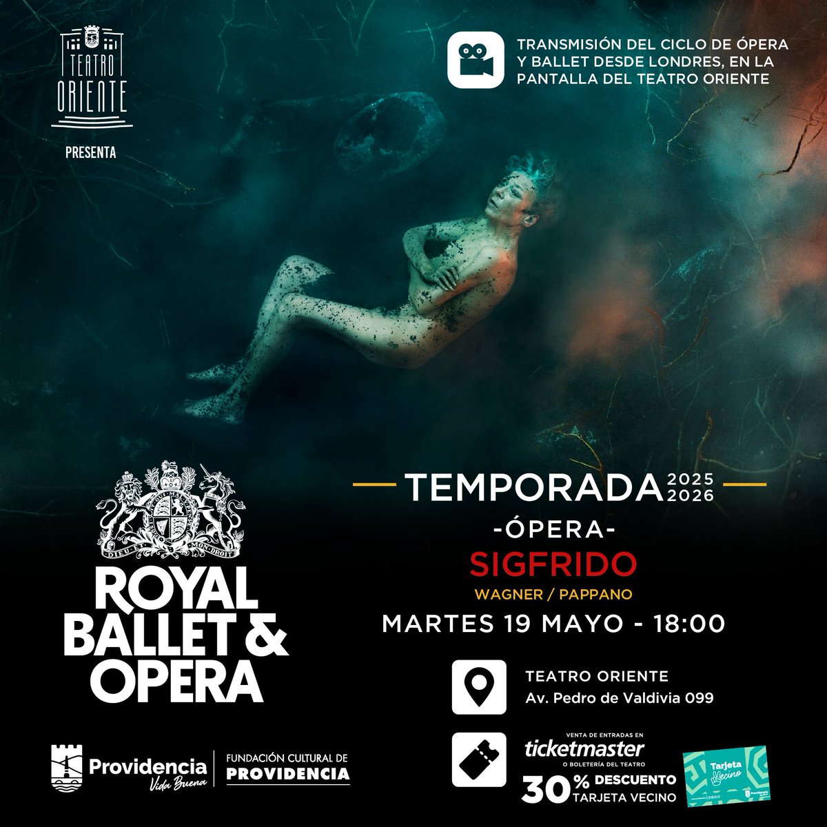 teatrooriente's tweet image. #ÓPERA "Sigfrido" se proyectará en nuestra pantalla gigante como parte del ciclo de transmisiones desde el @rbo_org de Londres. FECHA: martes 19 de mayo - 18:00 hrs. Venta de entradas ticketmaster.cl o boletería. 30% descto Tarjeta Vecino @Muni_provi @CulturaProvi
