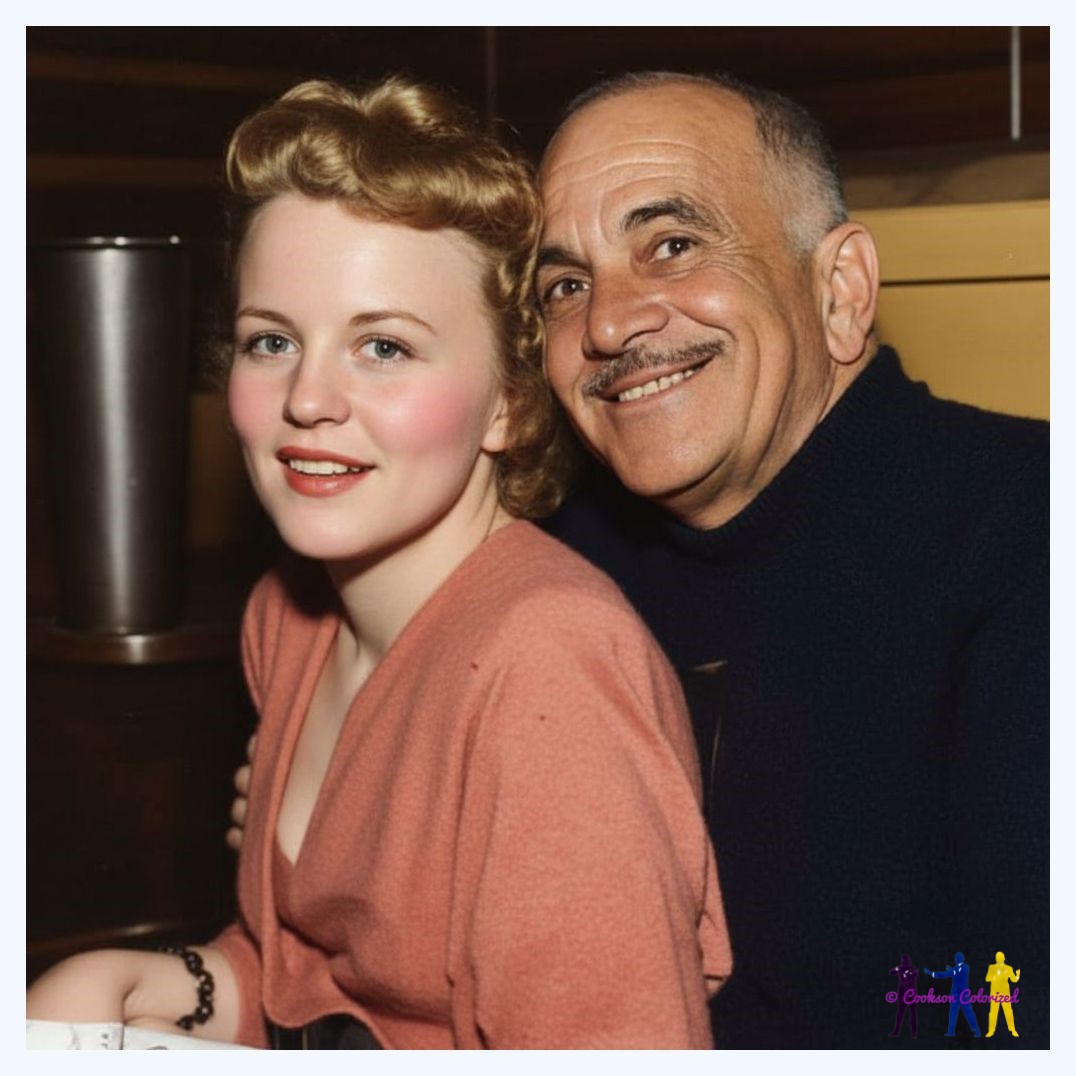 Al Jolson with singer, songwriter, and actress Peggy Lee (1920–2002). Original image and colorization courtesy of Phillip Cookson. #jolson #aljolson