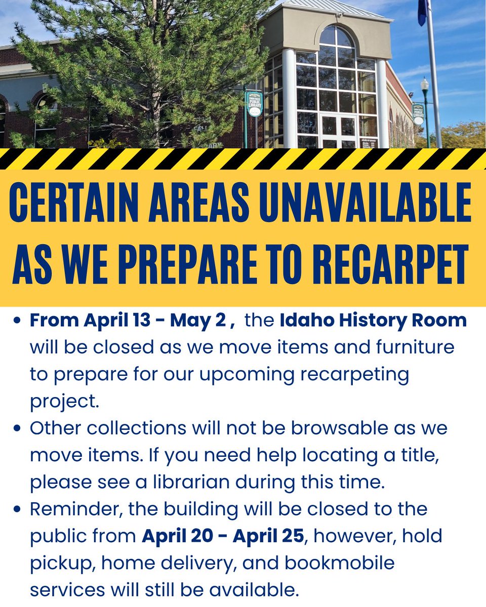 From April 13 - May 2 , the Idaho History Room will be closed as we move items to prepare for our recarpeting project. Other collections may not be browsable as we move items. If you need help locating a title, see a librarian. Visit tfpl.org for more info.