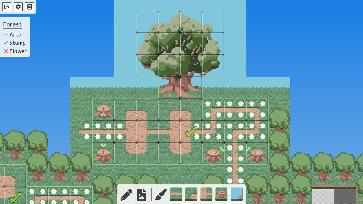 случайно нашла прикольную головоломку за ноль рублей, ломаю голову третий день

называется tiling forest (демка)