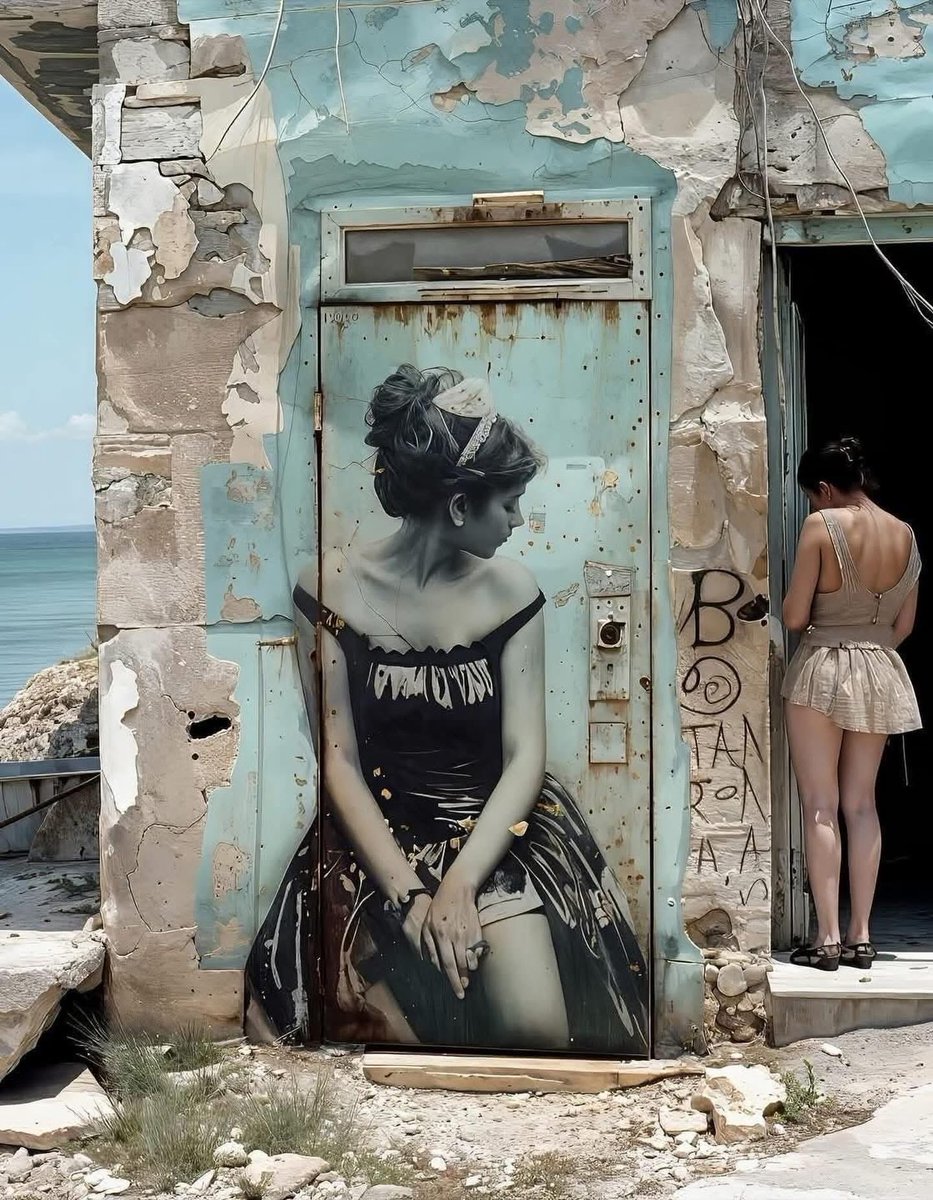 ArtPeopleSF's tweet image. A captivating blend of art and decay! 🎨🖤 Check out this stunning mural by Roberto Brunetti, seamlessly integrated into a crumbling doorway. The juxtaposition of the elegant painted woman and the weathered environment is purely magical. #RobertoBrunetti #StreetArt #UrbanDecay