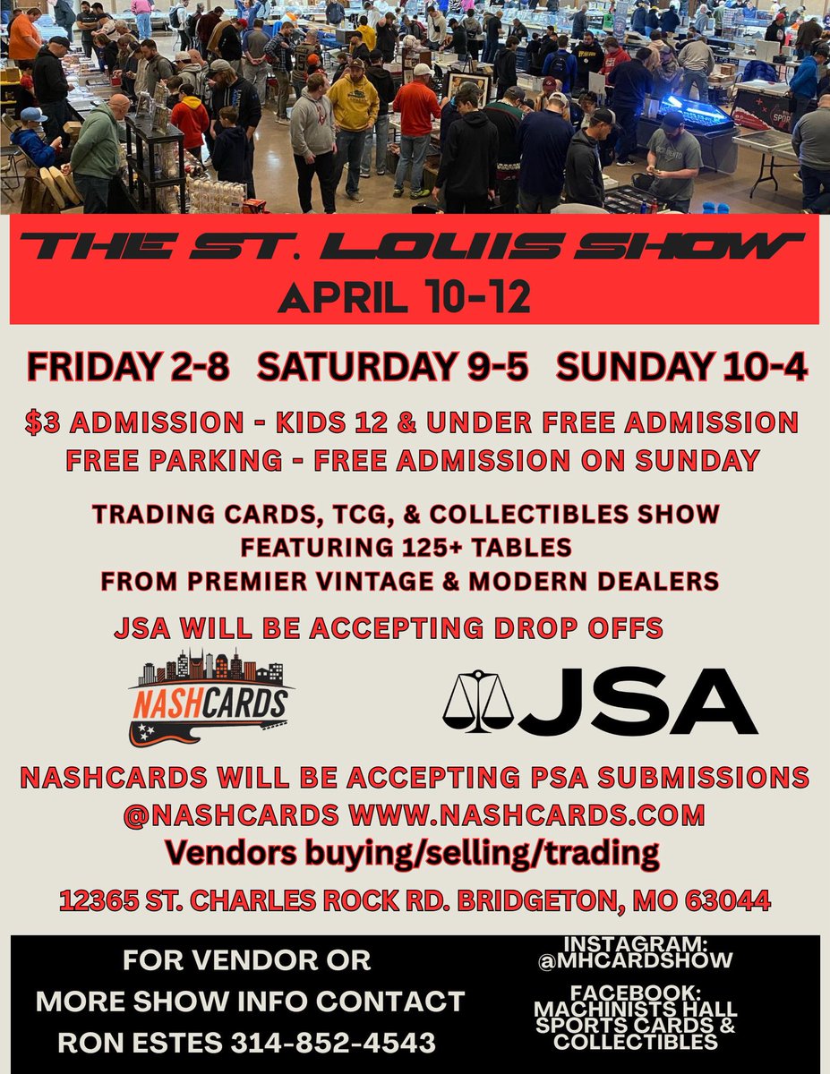 mhcardshow's tweet photo. #THEFINALCOUNTDOWN
2 days until…..
The St Louis Show April 10-12 @RbiCru7 @nashcards1 @JSALOA @ConnorsCards_ @RefBrandonTolle @314sports_cards #TheSTLshow #stlouis #topps #thehobby  #panini #upperdeck #sportscards #cardshow #SupportYourLCS https://t.co/na3Vm5qUuS