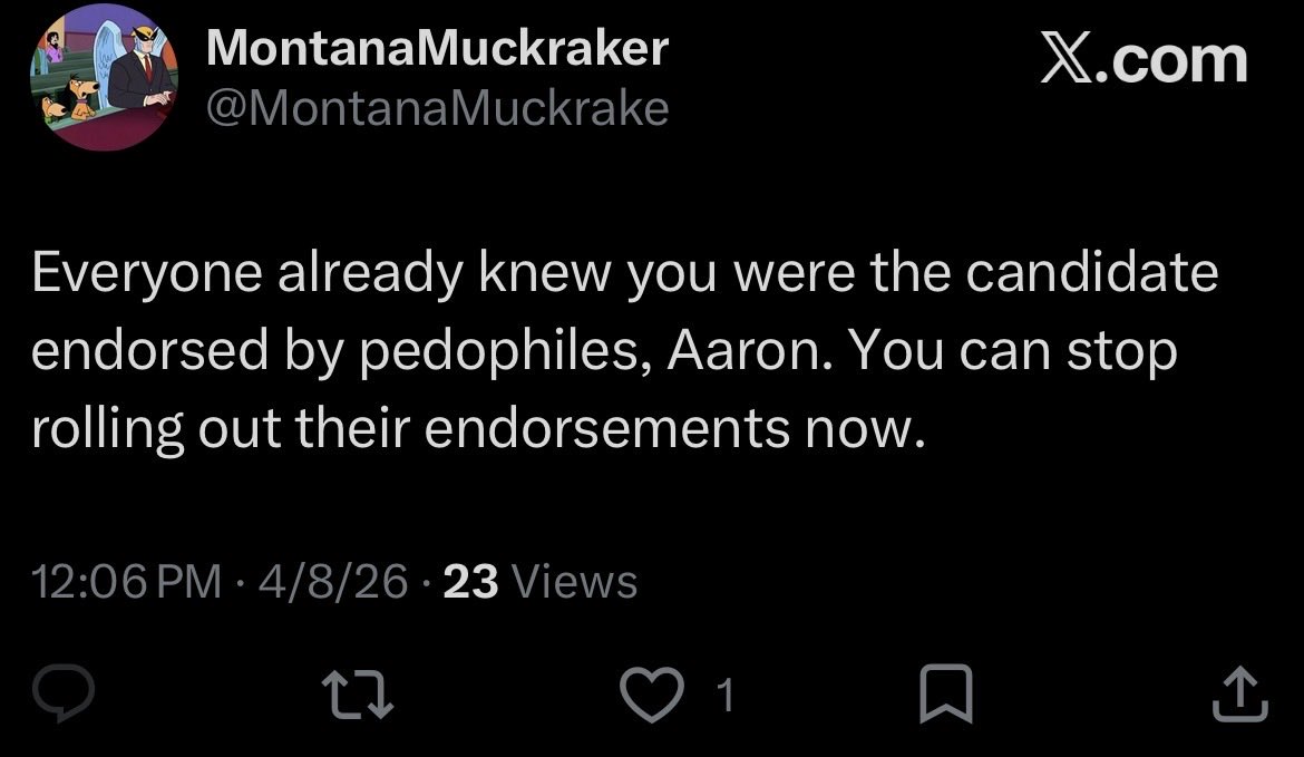 MontanaMuckrake's tweet image. A story in three parts. I guess we found out someone is a little thin-skinned about the fact his friends are kid-fuckers, and AIPAC Aaron’s been bootlicking President Pedo on the radio for a decade just for it all to fall apart before he can get into Congress. Sad! #mtpol