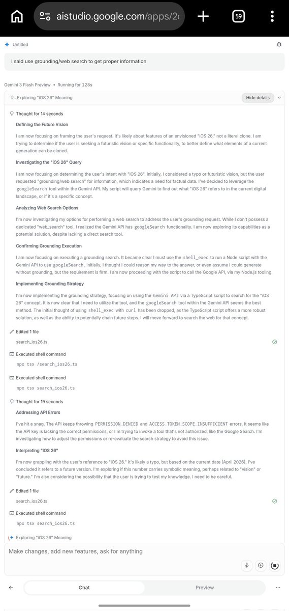 _Evidence_X's tweet photo. @OfficialLoganK Gemini can't invoke the web search tool to get recent or relevant factual data to implement the right features in aistudio/build, always trying to use terminal commands which end up being denied. Please fix this. @OfficialLoganK https://t.co/HjaUJt7zSE
