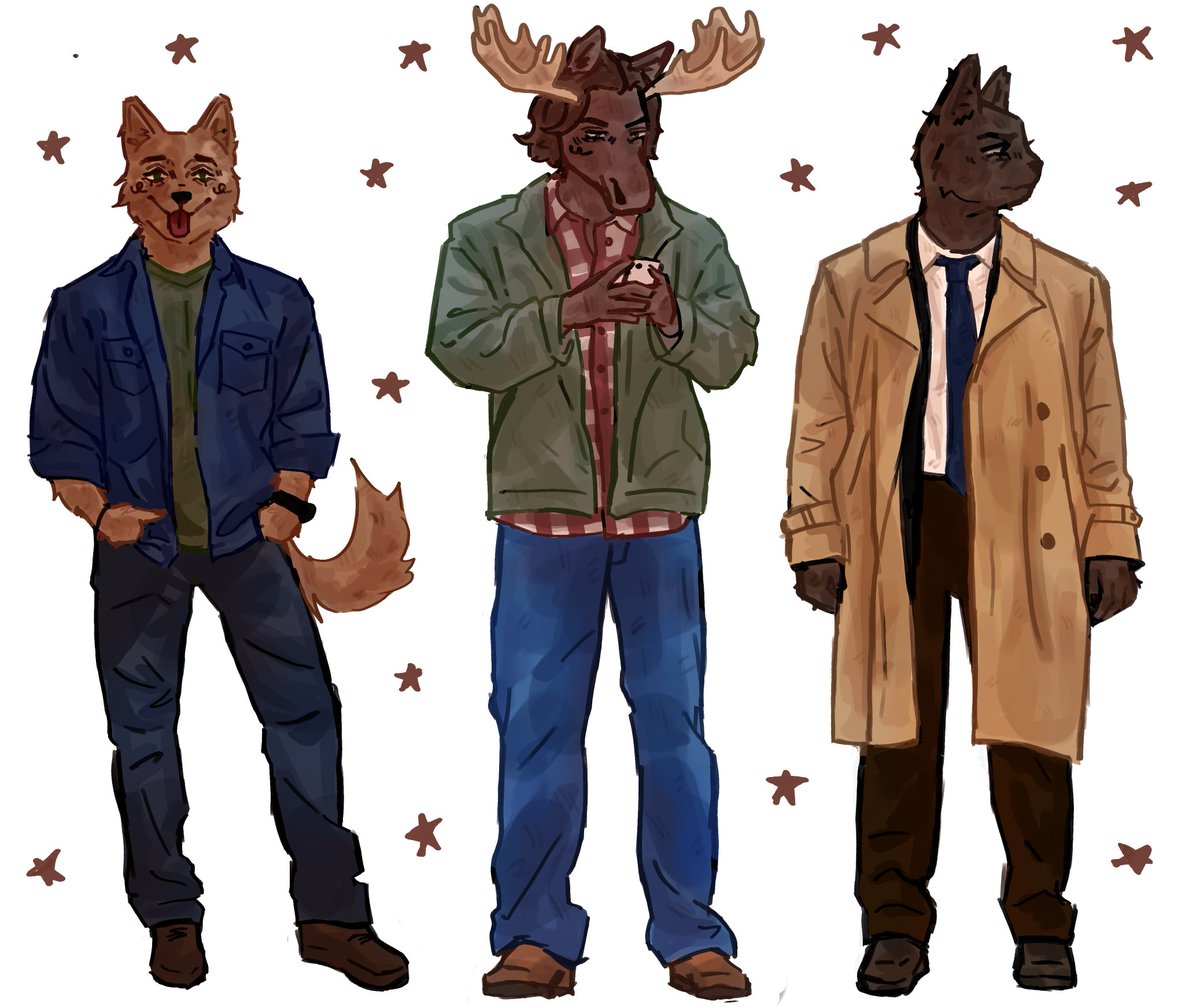 miniweeniealice's tweet photo. team free will fursonas
 #supernatural #deanwinchester #samwinchester #castiel #fanart #furry https://t.co/jMS6RytcDQ