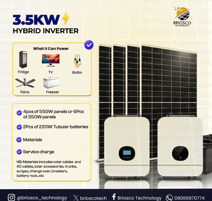 Brioscotech's tweet photo. Power without limits ⚡
From 1.5KW to 3.5KW and higher capacity systems, we provide scalable solar solutions built to match your energy needs—whether it’s basic essentials or full home power.
Reliable. Expandable. Future-ready.
Upgrade your power, your way. https://t.co/mTciVKFySG