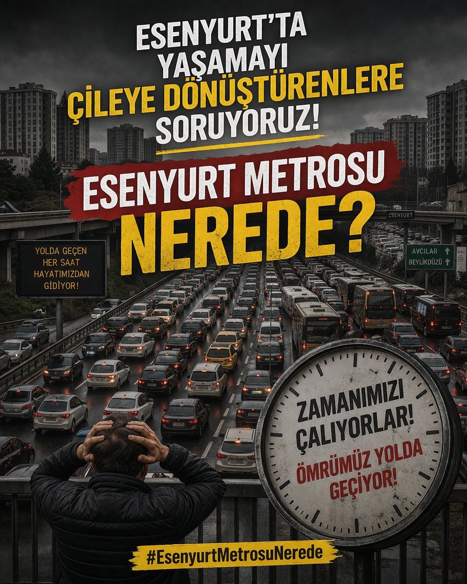 Yolda geçen her saat hayatımızdan gidiyor.

#EsenyurtMetrosuNerede 
<a href="/istanbulbld/">İstanbul Büyükşehir Belediyesi</a>