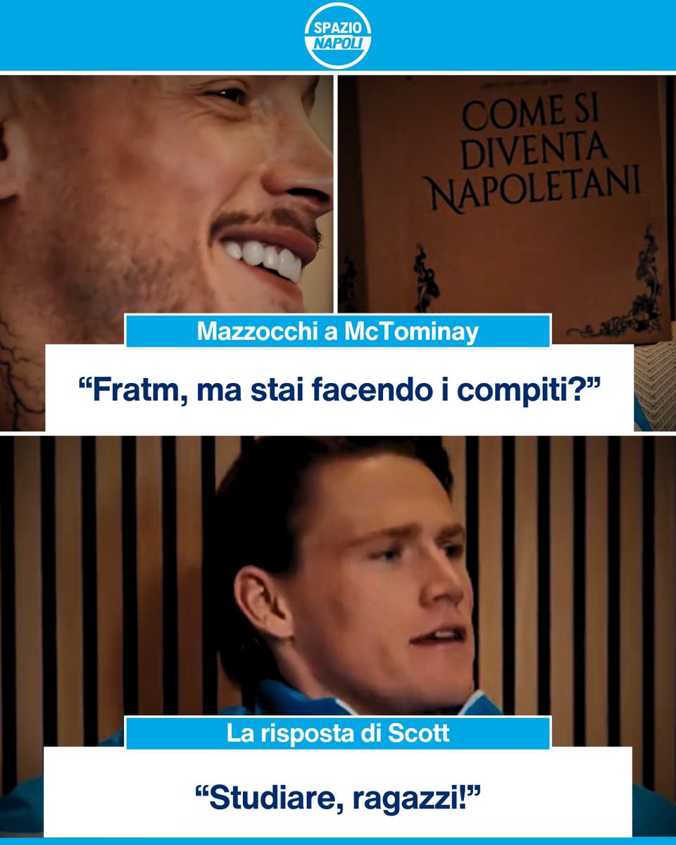 Spazio_Napoli's tweet image. Come diventare Napoletani: "FRAAATM!" 🗣️🤩

Lo splendido scambio di battute in dialetto tra Mazzocchi e McTominay durante l'ultimo spot pubblicitario di NaTazzulella 🎬

Perché ormai "FRATM" è diventata la parola più utilizzata nel vocabolario di Scott 💙🏴󠁧󠁢󠁳󠁣󠁴󠁿

#SSCNapoli #McTominay