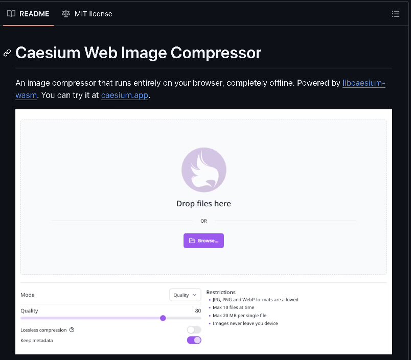 Hoxygo's tweet image. Compress images without uploading anything

This open-source tool runs entirely in your browser

No internet needed
No data leaves your device

Here’s what you get out of the box:

→ Compress JPG, PNG, WebP, and TIFF
→ Reduce size without major quality loss
→ Fully offline in