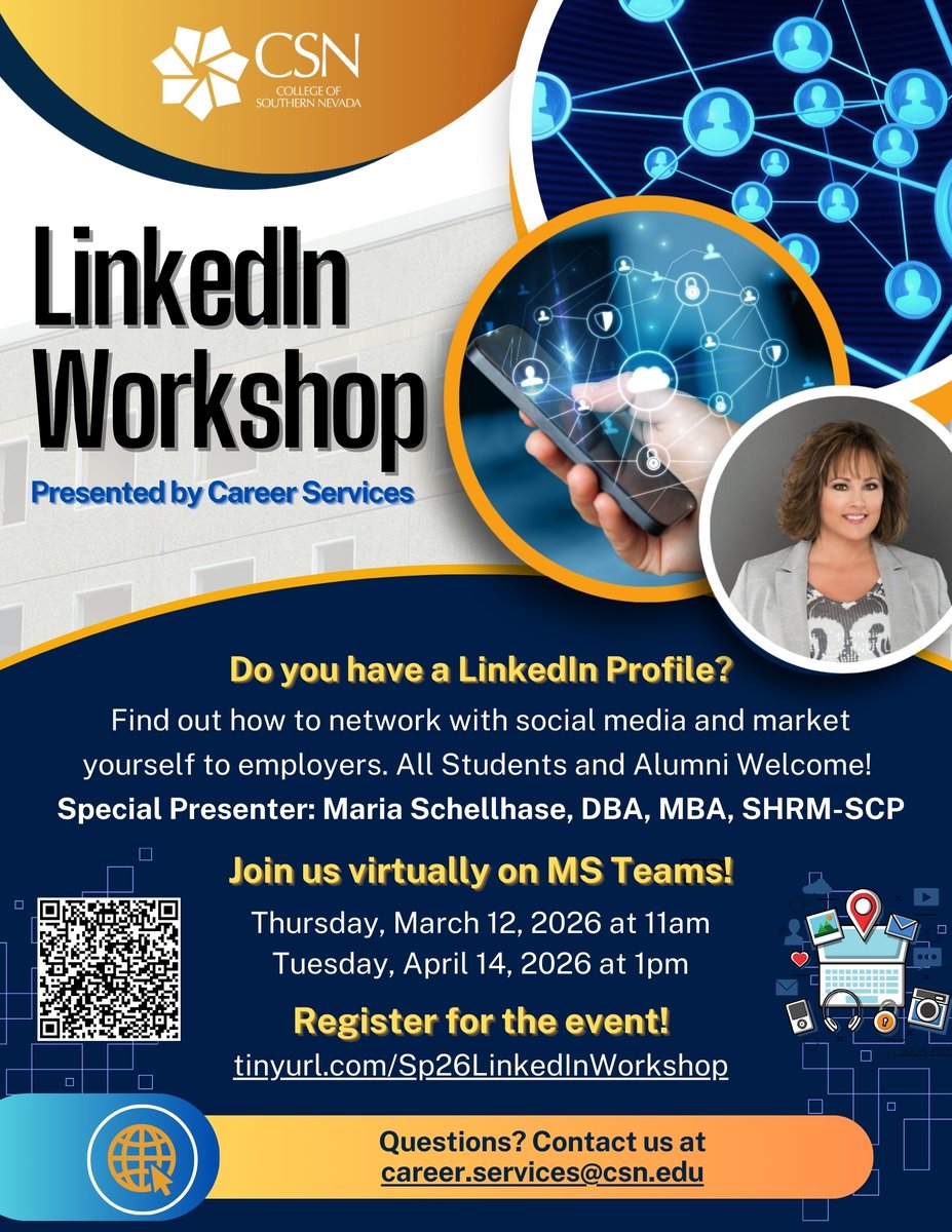 CSNCareerServ's tweet image. Did You Know: LinkedIn is the world's LARGEST professional network on the internet! 🌐👤

Tune into our LinkedIn Workshop on April 14th, 2026 at 1pm with Business Professor Dr. Maria Schellhase.

#LinkedIn #Networking #CareerServices #CareerReadiness #HowToMarketYourself