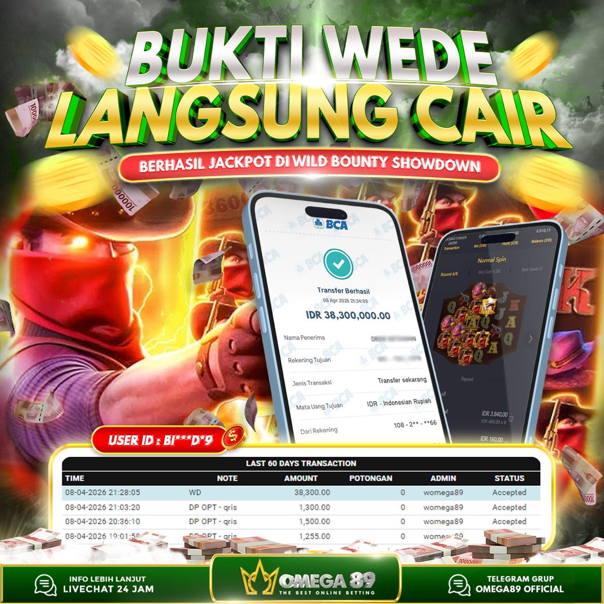 omega89top's tweet photo. OMEGA89 JACKPOT BERMAIN DI WILD BOUNTY SHOWDOWN Rp.38.300.000,- LUNAS!!💸💸

✅ Withdraw Cepat
✅ Bukti Transfer Nyata
✅ Menang Berapapun Pasti Dibayar

Raih JP nya sekarang juga bersama OMEGA89!

🌐  https://t.co/6k7iYfwDRU

#Omega89 #Omega89login #Omega89top #Jackpot #Pgsoft https://t.co/iJ3Pe8fCVr