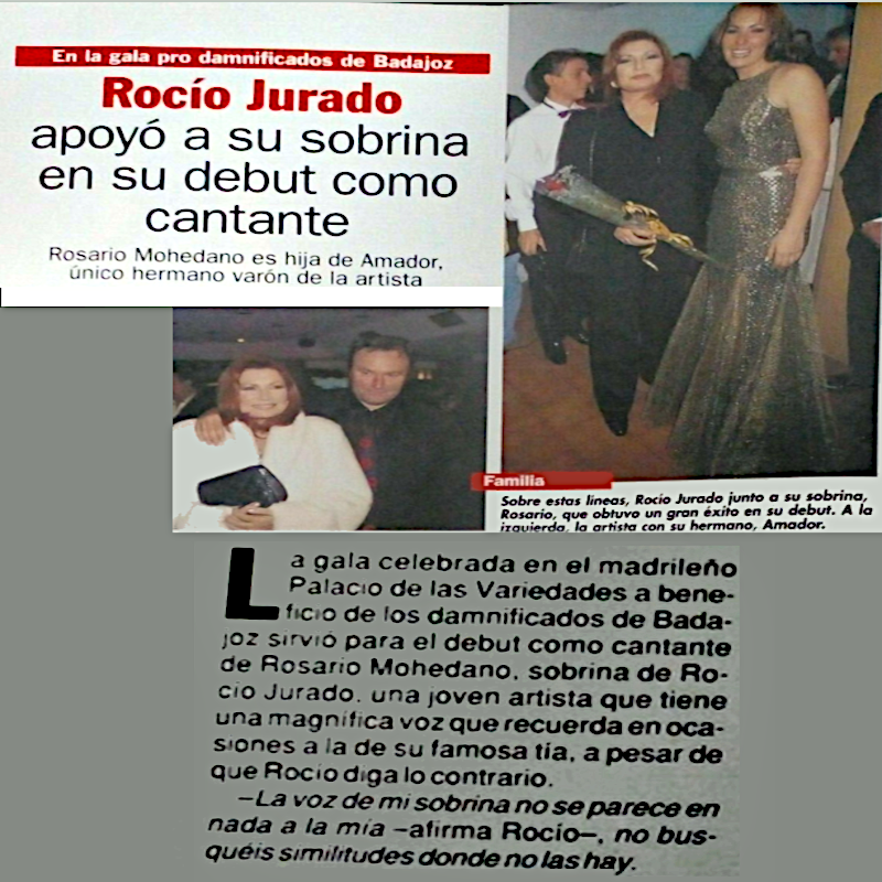 Rocío Jurado, apoyó en su  sobrina RM en su debut como cantante . 
-Rocío Jurado dijo: La voz de mi sobrina RM no se parece nada a la mía -afirma Rocío Jurado- , no busqueis similitudes  donde no las hay.
#MareaFucsia #APOYOROCÍO8A