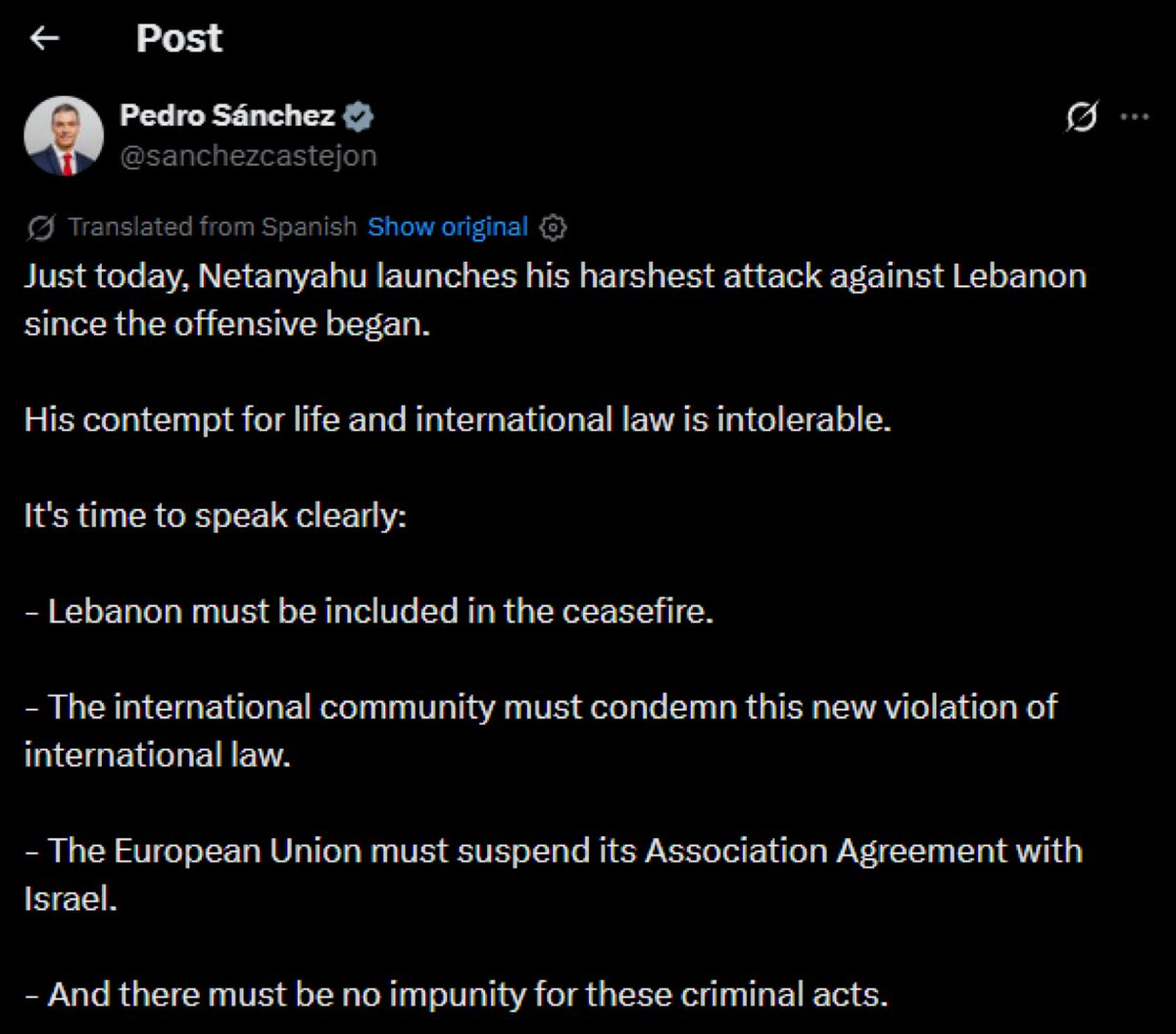 ShaykhSulaiman's tweet photo. BREAKING: Spanish PM Pedro Sánchez:

Just today, Netanyahu launches his harshest attack against Lebanon since the offensive began.

His contempt for life and international law is intolerable.

Lebanon must be included in the ceasefire.

The European Union must suspend its Association Agreement with Israel.