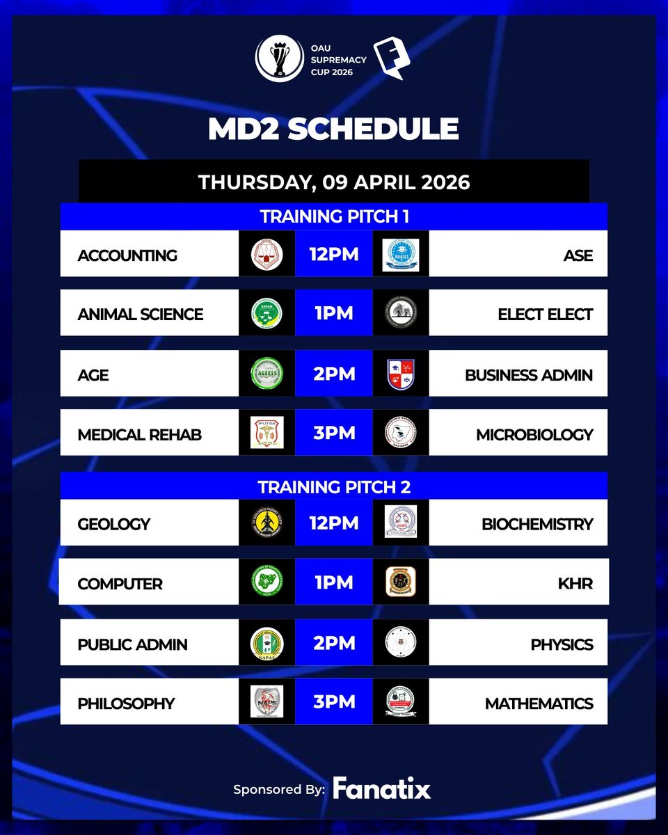 SportsIsco's tweet photo. Here's the Matchday Two Schedule of OAU Supremacy Cup
Acc vs ASE
ANS vs EEE
AGE vs BUS
MRH vs MCB
GEO vs BCH
CSC vs KHR
PUB vs PHY
PHL vs MTH
#INSIDEOAUFOOTBALL
#fanatix #allinews https://t.co/VQVZ96eCFS
