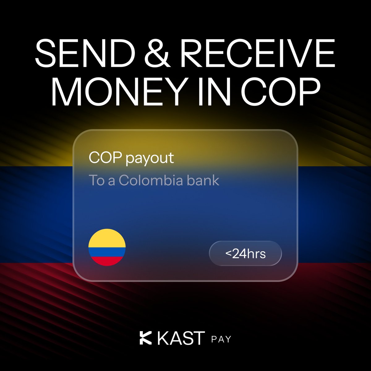 KASTxyz's tweet image. We now support COP 🇨🇴

✊ Hold money in a global account
🔄 Move between USD &amp;lt;&amp;gt; COP
💸 Send money in and out of Colombia

One global account with more local rails 🌎