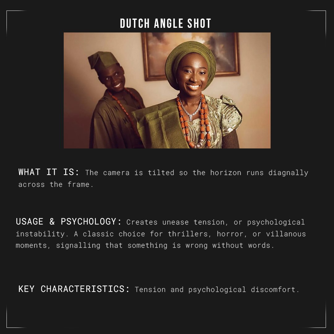🌀 DUTCH ANGLE
Tilted horizon. Something is wrong. Tension. Instability. Psychological discomfort.