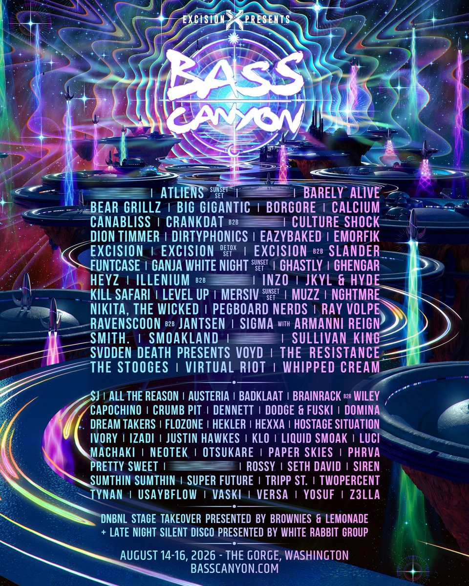 AllTimeEDM's tweet image. #BREAKING: Your 2026 Bass Canyon lineup is finally here! It will feature @Excision b2b @SlanderOfficial, @ILLENIUM B2B ???, @NGHTMRE , @SullivanKing  + WAY MORE! 🌄🔥

What do we think of the lineup? 👀
