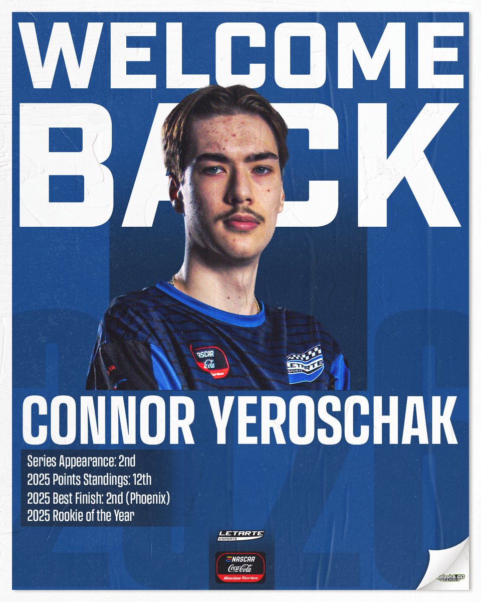 ConnorYeroschak's tweet photo. Thrilled to be back with @LETARTE_eSports for the 2026 @ENASCARGG @CocaColaRacing series. Big thanks to @SteveLetarte for the opportunity once again.

Let’s go make a playoff run! https://t.co/no54MFkM02