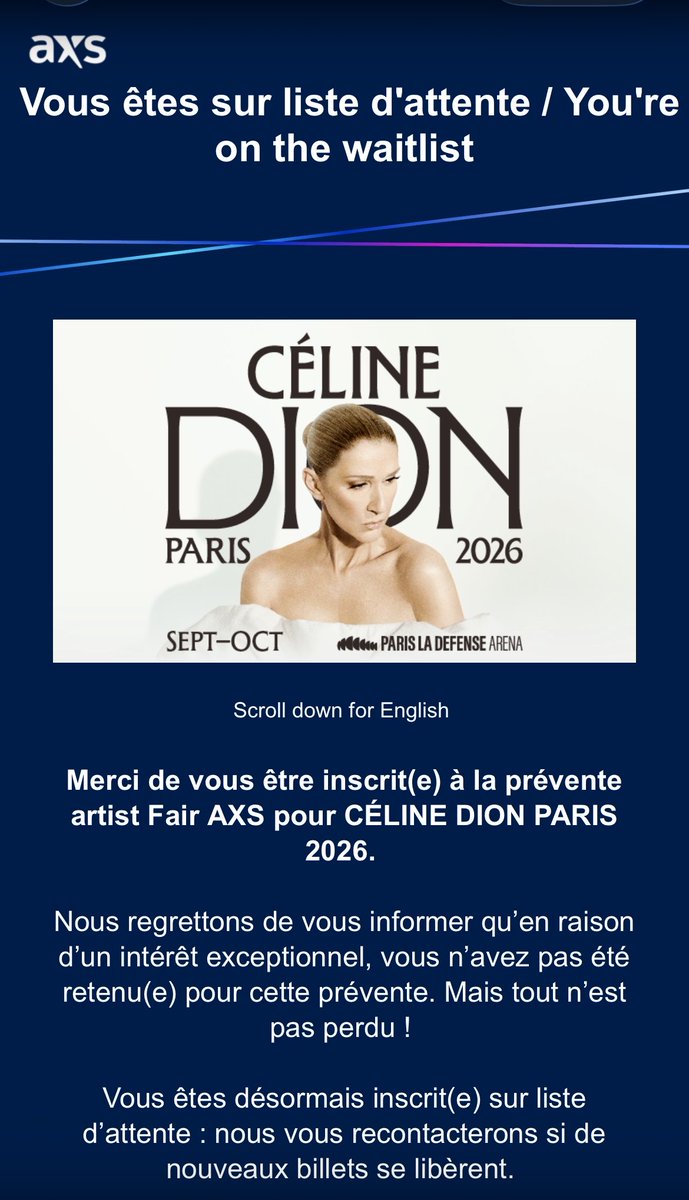 Bon bah ce n’est pas gagné cette histoire 😢

<a href="/axs/">AXS</a> 
<a href="/Ticketmaster/">Ticketmaster</a> 
<a href="/celinedion/">Celine Dion</a>
