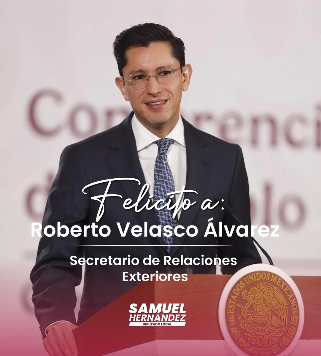 Celebro la ratificación de Roberto Velasco como nuevo Secretario de Relaciones Exteriores. Su trayectoria, preparación y experiencia en la relación con América del Norte serán clave para fortalecer la posición de nuestro país en el mundo.

Su llegada representa un avance en la