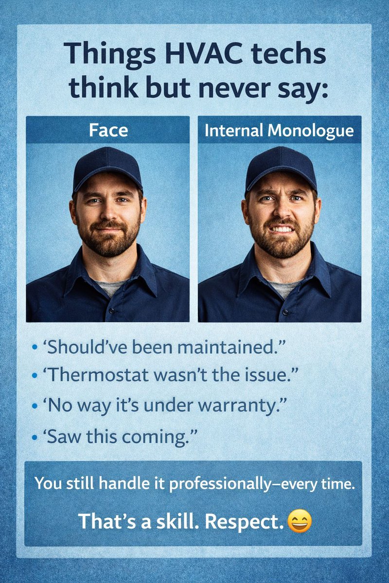 OpsByMuneeb_'s tweet photo. Things HVAC techs think but never say:

Should’ve been maintained.

Thermostat wasn’t the issue.

No way it’s under warranty.

Saw this coming.

You still handle it professionally every time.

That’s a skill. Respect. 😄

#Hvac #Hvactech #systomation https://t.co/fcW2TVihTN