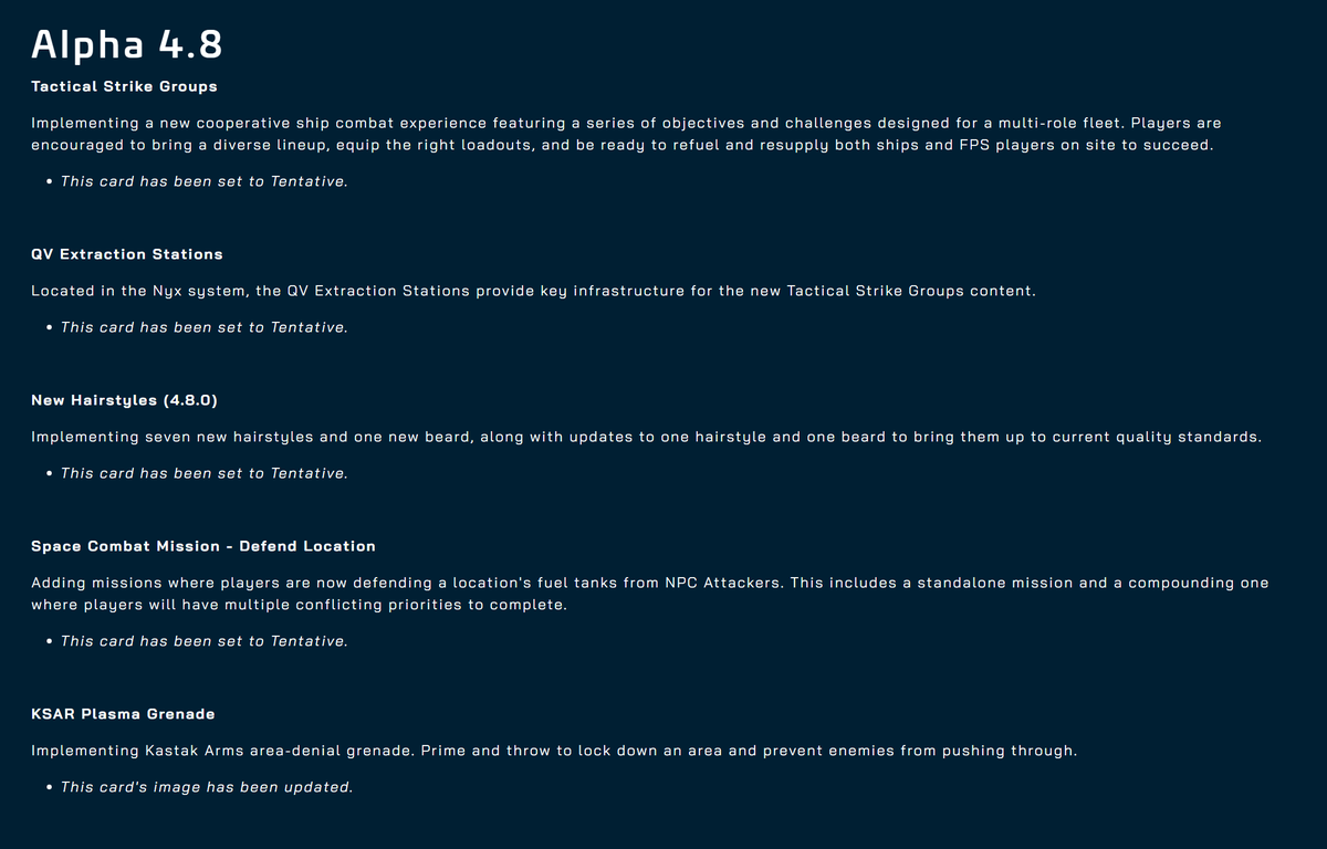 BTV_Cast's tweet image. Roadmap Update

The following are tentative for 4.8:

Tactical Strike Groups
QV Extraction Stations
Space Combat Mission - Defend Location
KSAR Plasma Grenade

#StarCitizen #Squadron42