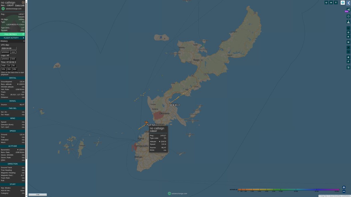 steffanwatkins's tweet photo. April 8 (UTC)
π¨π¦ #RCAF CP-140 Aurora 140117 #C2B247 conducted a ~8 hour #OpNEON sortie departing Northeast from Kadena, Japan π―π΅
https://t.co/wxEJr44rFN https://t.co/seNztfxPju
