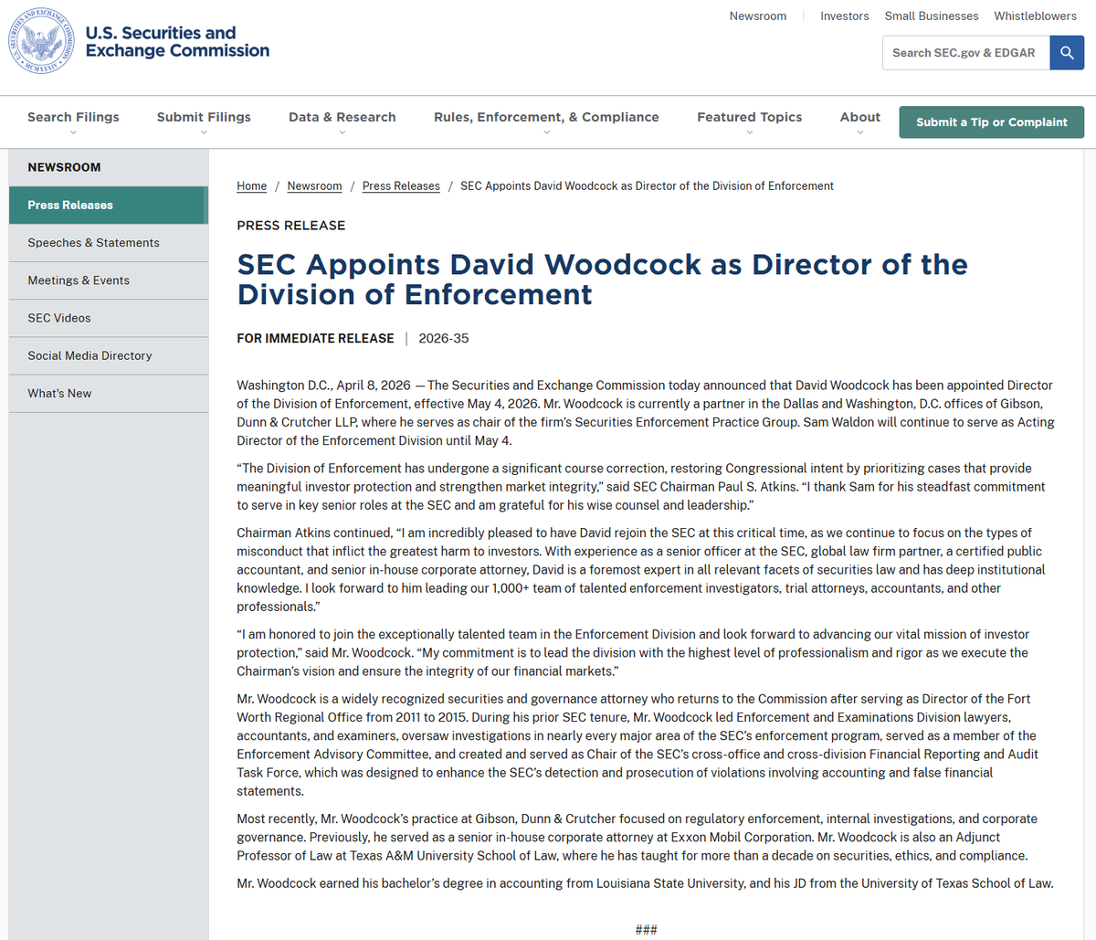 808CG1's tweet image. MMTLP #FAFO #Relentless #FOIA

The SEC’s appointment of David Woodcock as Director of Enforcement is a meaningful development for every investor who has been waiting for accountability in cases involving market‑integrity failures including MMTLP.

Chairman Atkins emphasized that