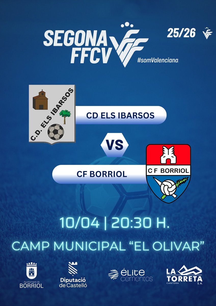 CF_Borriol's tweet photo. ➡️ 𝗛𝗢𝗥𝗔𝗥𝗜:

⚽ Jornada 25 | Segona FFCV

🆚 CD Els Ibarsos

📅 Divendres 10 d'abril.
⏰ 20:30 hores.
🏟️ Camp Municipal "El Olivar", Els Ibarsos.

Vos esperem‼️

#CFBorriol https://t.co/gPZloHg31g