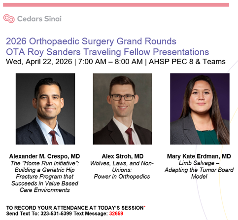 DeptSurgeryCS's tweet image. Join us next Wednesday, April 22nd at 7:00AM for our #Ortho #GrandRounds with the @otatrauma
Roy Sanders Traveling Fellows!

🏢In-Person: PEC 8
➡️Virtual Meeting Link: microsoft.com/microsoft-team…
👉Meeting ID: 247 708 056 099 04
👉Passcode: qs6hC9zA