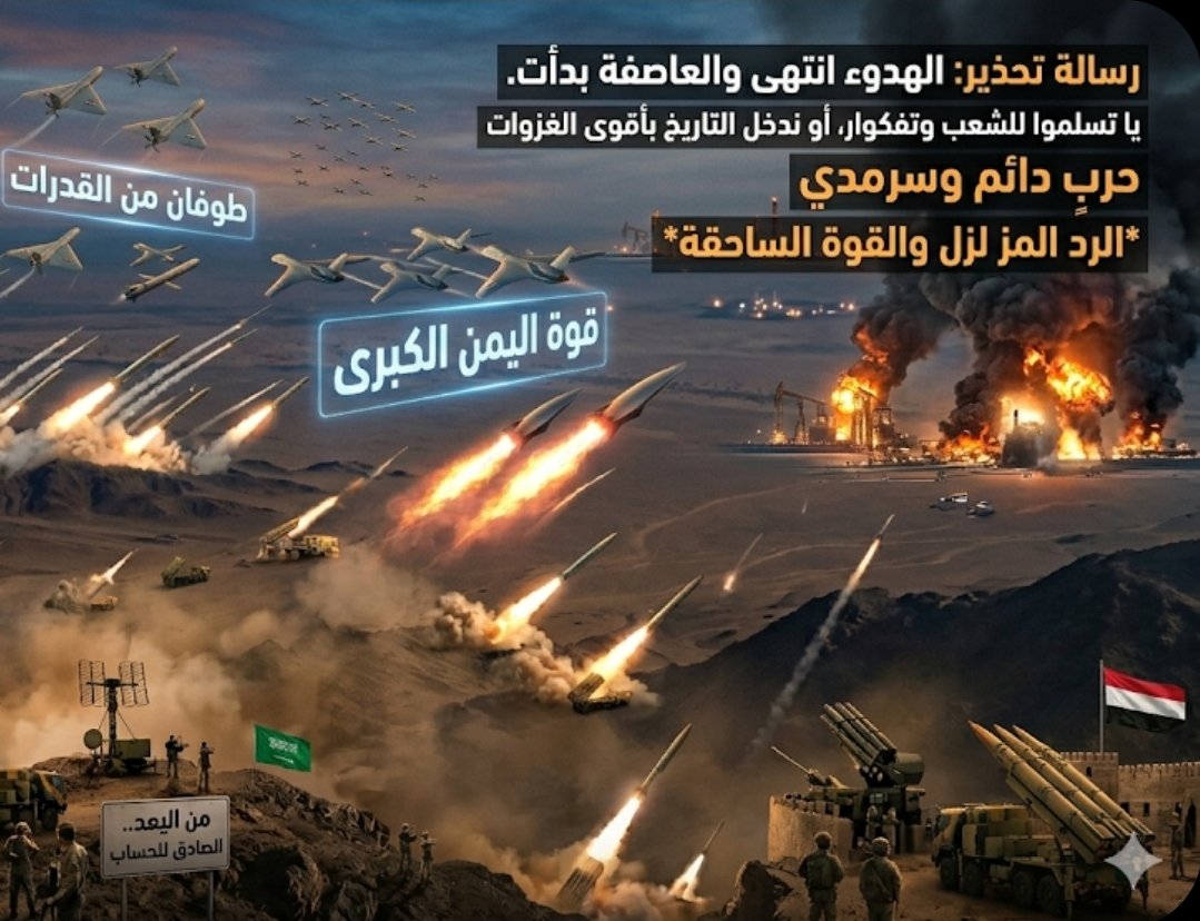 يا مملكة كفي عن المنكرات
وشروطنا واضحة والرد جاب

إما الخضوع وترميم الفوات
أو حرب تجعل نهار القوم آب

نحن اليمن والوغى فينا صفات
نطحن عظام الذي دق الجناب

لا تحسبوا الهدوء يعني سكات
النار تحت الرماد في انشباب

قل للمملكة حان وقت التصفيات
إما الهدى أو نذيقكم العذاب

#رسالة_تحذير