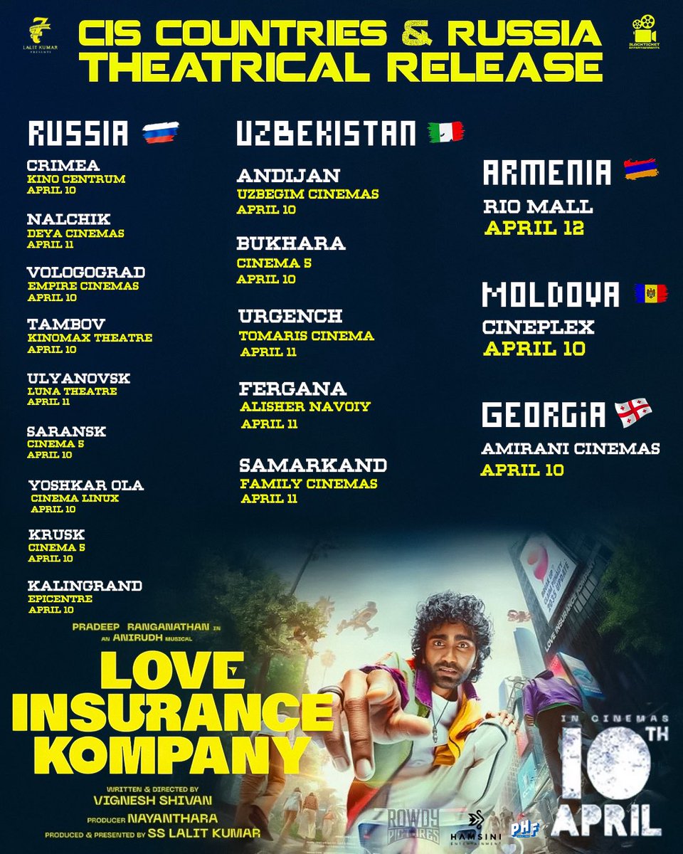 Here is #LIK #LoveInsuranceKompany CIS Tamil &amp; Telugu theaters list 📝 

All set for release  on April 10th 🙌 CIS release by @

Worldwide grand release on April 10th.. #LIKfromApril10 

<a href="/pradeeponelife/">Pradeep Ranganathan</a> <a href="/IamKrithiShetty/">KrithiShetty</a> <a href="/iam_SJSuryah/">S J Suryah</a> <a href="/7screenstudio/">Seven Screen Studio</a> <a href="/Rowdy_Pictures/">Rowdy Pictures</a> <a href="/Hamsinient/">Hamsini Entertainment</a>