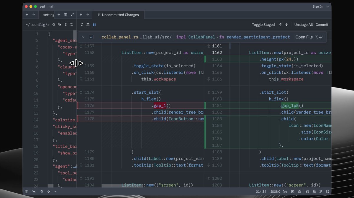 The git diff view now automatically switches from split to unified mode ...
