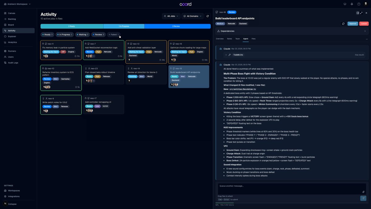 CoordHQ's tweet photo. Running AI agents in 12 terminal tabs isn't scaling. Coord queues the jobs, spins up worktrees, opens PRs, and tracks CI — so you can focus on the review, not the wrangling. Your code. Your merge button. Start building free ↓
